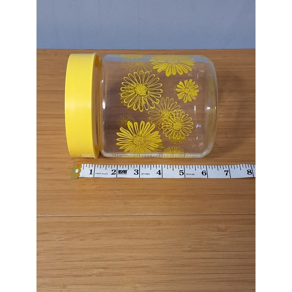 Vintage Yellow Daisy Glass Canister Retro Floral Kitchen Storage Jar with Lid
